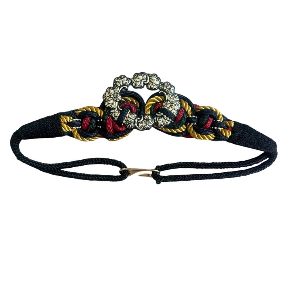 Vintage 90s Braided Rope Statement Belt Ornate Interlocking Clasp Black Gold S